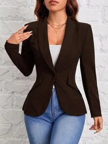SHEIN PETITE 秋冬通勤穿搭，綠色水果領單扣黑色西裝外套 - 棕色 - 查看 4
