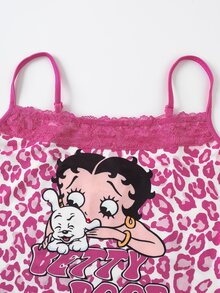 Betty Boop x SHEIN Women's Lace Patchwork Camisole Top And Pants Casual Daily Home Sleepwear Set - Hot Pink - View 3