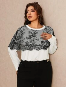 Elaquor Kaos Kasual Lengan Panjang Leher Bulat Berenda Kontras Ukuran Besar untuk Wanita, Kaos Kantor Elegan Berenda untuk Wanita, Kaos Kasual Sehari-hari untuk Bepergian. - Hitam dan Putih - View 3