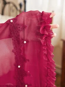 Côtesoire Women's French Elegant Mesh 3D Floral Patchwork Pearl Robe, Velvet Camisole Slip Dress Nightwear Set - Burgundy - View 7