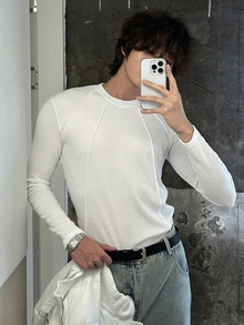 DAZY 春秋款純白色修身彈性羅紋針織長袖微鬆韓版男士T恤 - 白色 - 查看 3