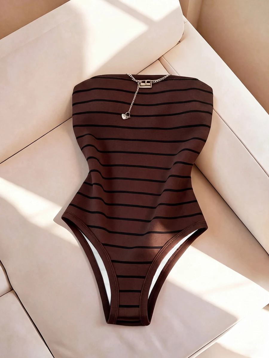 SHEIN Franclia Fashion Slim Fit Sexy Strapless Striped Women's Bodysuit - Brown - View 1