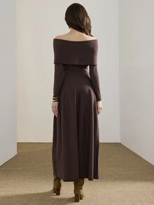 Heiryn Gaun Rajut Elegan Tanpa Lengan Warna Polos untuk Wanita, Cocok untuk Pesta dan Acara Kumpul-kumpul - Coklat - View 2