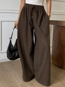 DAZY Solid Color Loose Drawstring Elastic Waist Curved Leg Pants Casual Streetwear Korean Style Thickened Long Pants For Women Autumn/Winter Vacation - Brown - View 5