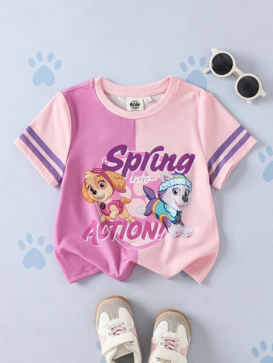SHEIN | PAW Patrol 女童字母卡通印花休閒日常短袖T恤 - 粉色 - 查看 1