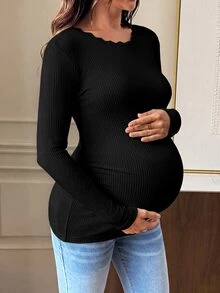 SHEIN Maternity Solid Color Casual Versatile Daily Wear Long Sleeve T-Shirt - Black - View 4