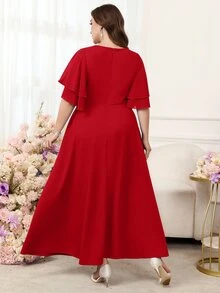 Reflora Plus Size Women's V-Neck Ruffle Short Sleeve Waist Rhinestone Decor Elegant Dress - Red - View 9