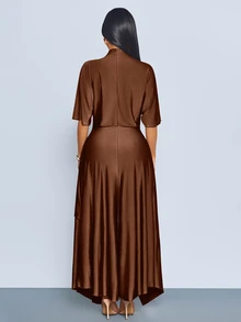 SOLERSUN Women's Summer Autumn Fashion Elegant Sage Green Draped Neck Long Dress With Ruffle Short Sleeves, Cinched Waist And Asymmetrical Ruffle Hem, Suitable For Daily Wear, Dating And Party - Coffee Brown - View 3