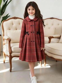 SHEIN Tween Girls' Back To School Autumn Vintage Red Plaid Overcoat With Bow Decor, Peter Pan Collar, Double-Breasted Daily Jacket - Red - View 4