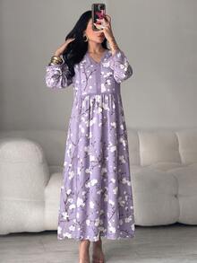 Yasmyna Gaun Arab Wanita Motif Bunga dengan Renda Kontras dan Leher V, Lengan Panjang - MultiWarna - View 1