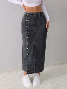 SHEIN Tall 女款高腰單排扣休閒牛仔裙職場穿搭 - 黑色 - 查看 6