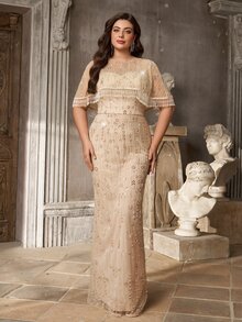 Aureia Plus Size Elegant Luxury Beaded Sequin Embroidered Tassel Shawl Dress For Wedding, Ball, Evening Party - Khaki - View 1