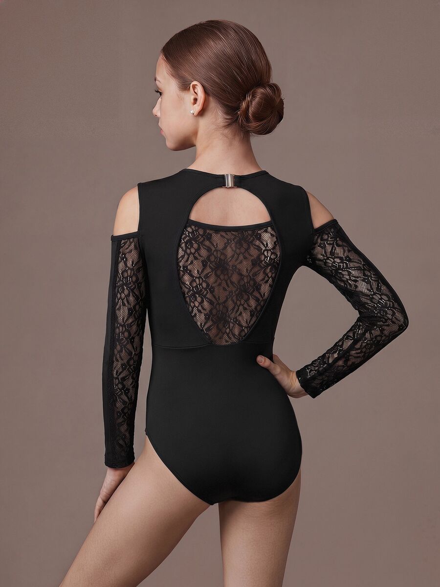 SHEIN Tween Girls Clothes Classic Black Ballet Leotard, Exquisite Lace, Cute Athletic, School Dance, Back To School Fall - Black - View 1