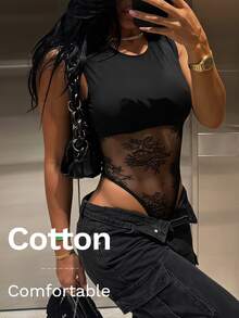 SHEIN SXY Sexig ärmlös genomskinlig body med spets och patchwork - Svart - Visa 4
