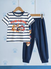 SHEIN | PAW Patrol Young Boy Striped Cartoon Print T-Shirt And Long Pants Set - Navy Blue - View 1