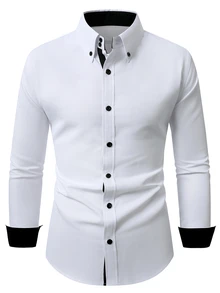 Manfinity Bizformal 男士純色斜紋領口鈕扣長袖襯衫，修身商務休閒百搭正裝襯衫 - 白色 - 查看 8