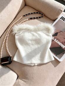 INAWLY Women's Solid Color Rhinestone Decor Patchwork Fur Fashion Bandeau Top - White - View 2
