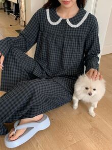 DAZY 2pcs Plaid Embroidered Pattern Pajama Set Fall - Navy Blue - View 4