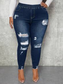 Slaydiva Plus Size Casual Washed Distressed Slim Fit Jeans - Dark Wash - View 3