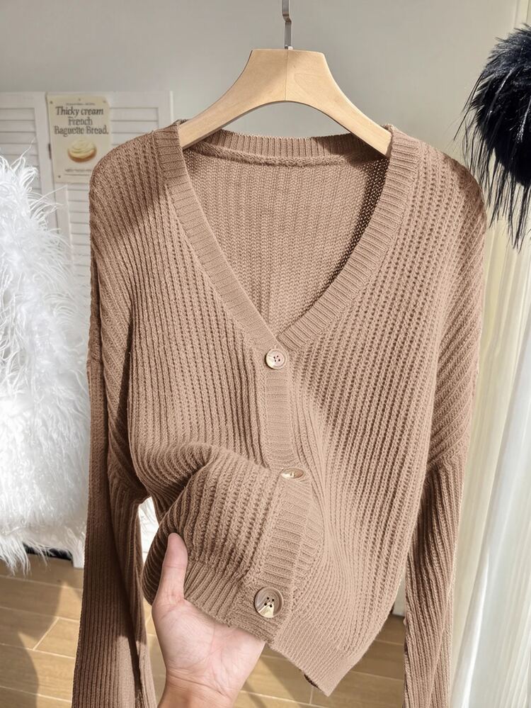 Solflare Plus Size Women Solid Color Dropped Shoulder Long Sleeve Single-Breasted Knit Cardigan - Khaki - View 4