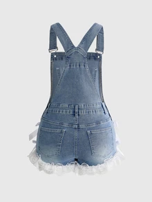 Sweetness Kawaii Sweet Bow Lace Hem Casual Women's Denim Overalls And Jumpsuit - Medium Wash - View 2