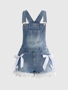 Sweetness Kawaii Sweet Bow Lace Hem Casual Women's Denim Overalls And Jumpsuit - Medium Wash - View 1