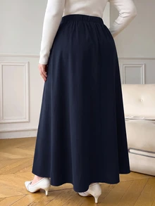 SHEIN PETITE CURVE Plus Size Women's Solid Color Preppy Pleated Casual Skirt - Navy Blue - View 6