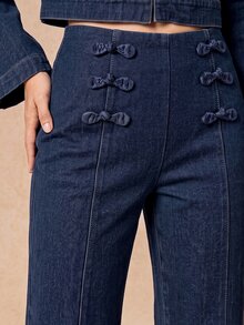 CielaLinda Women's Frog Button Denim Flared Pants, Vintage Inspired Jeans - Blue - View 1