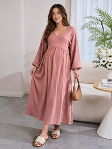 SHEIN Maternity Home Dress Loose Comfortable 100% Cotton - Dusty Pink - View 1
