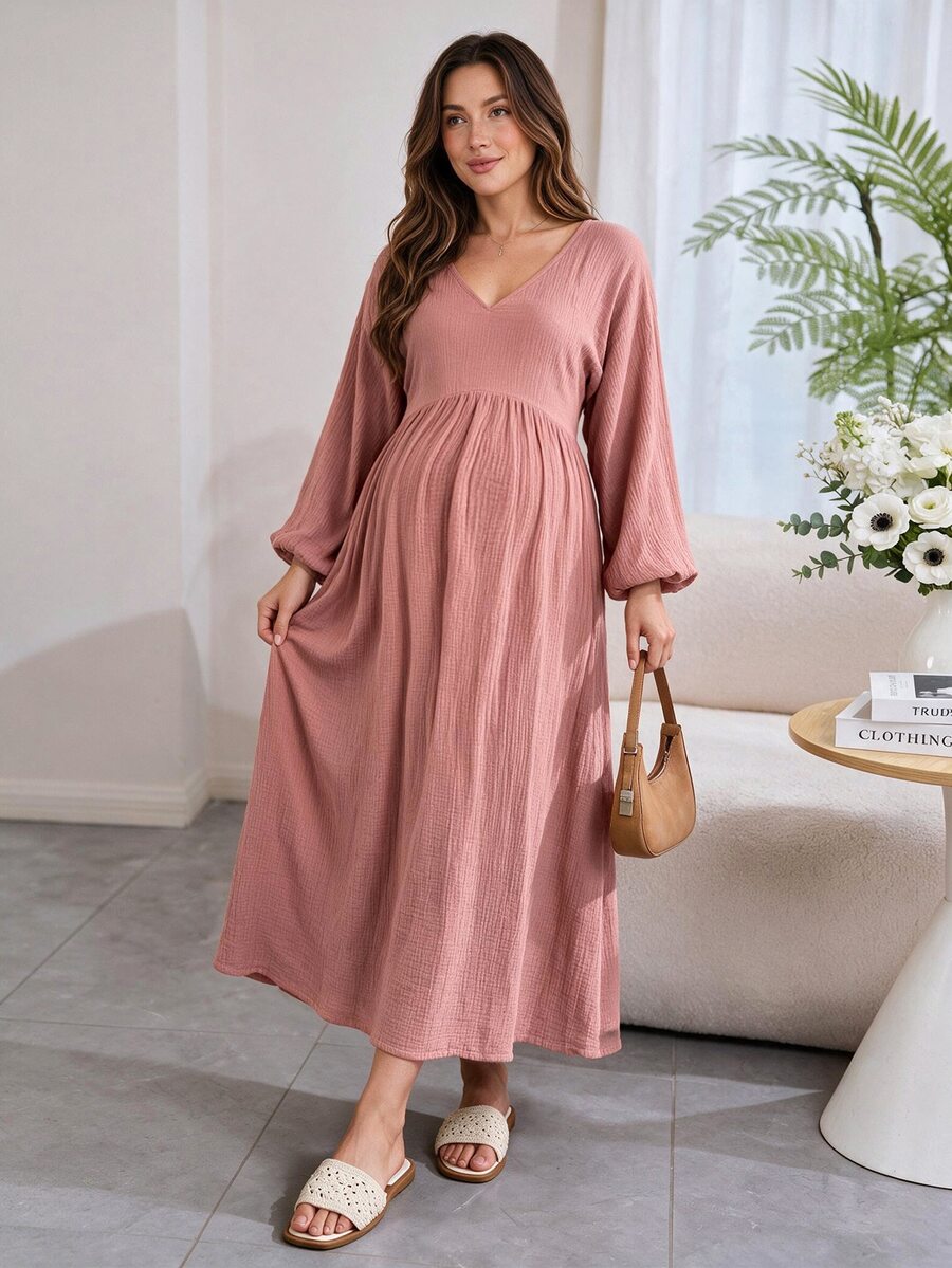 SHEIN Maternity Home Dress Loose Comfortable 100% Cotton - Dusty Pink - View 1