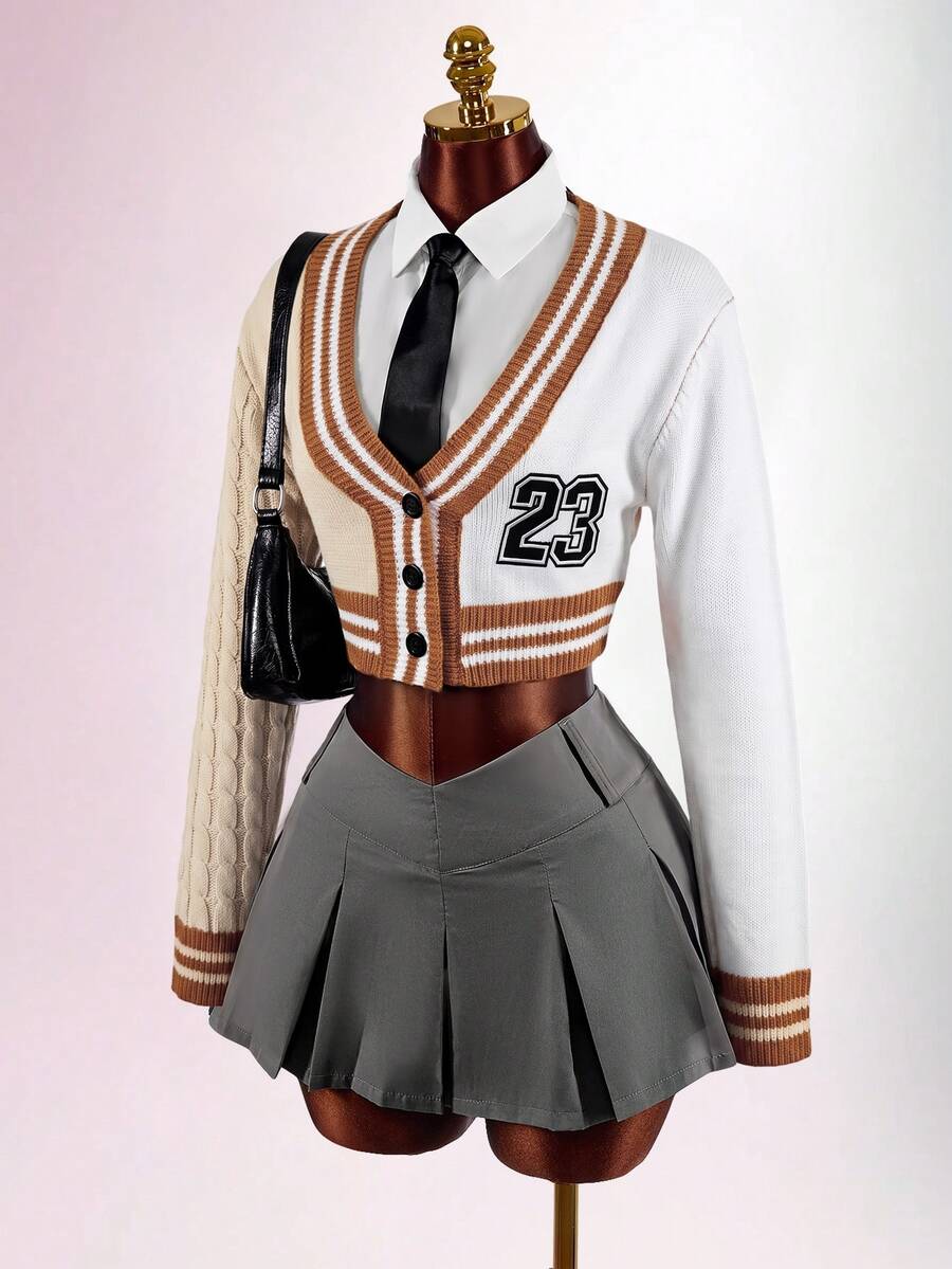 Amplova 女款針織開襟衫，適合返校季，校園風，性感學院風優雅大方，前衛性感日常穿搭，白色秋季款 - 彩色 - 查看 1