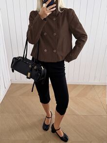 SHEIN EZwear 女款素色雙排扣長袖休閒風衣 - 棕色 - 查看 4