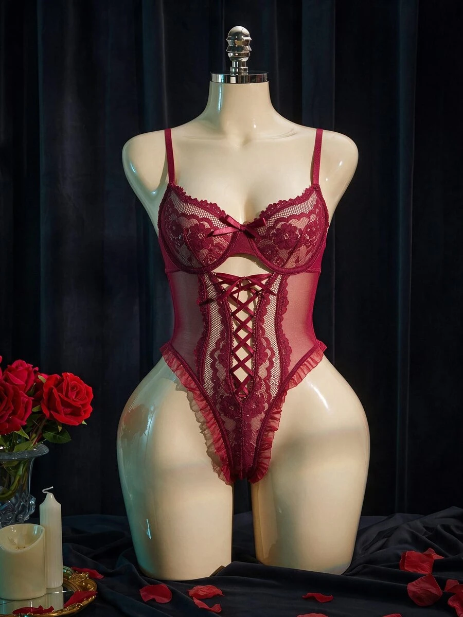 SpicyHot Women's Lace Contrast Mesh Sexy Bodysuit (Sexy + Sheer + Bodysuit + Underwire), Sexy Lingerie For Women, Adult, Honeymoon, Hot, Date Night, Lace - Burgundy - View 1