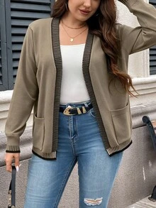 SHEIN LUNE Plus Size Fashion Minimalist Striped Colorblock Pocket Knit Cardigan - Khaki - View 6