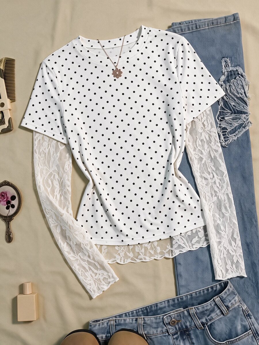 SHEIN Teen Girl Teen Girls White Knitted Waist-Cinched Design Contrast Lace 2 In 1 T-Shirt, Suitable For Daily Commute And Back To School Outfits - Black and White - View 1