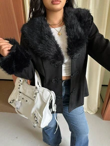 GalTyme Plus Size Women's Fuzzy Patchwork Casual Versatile Daily Long Sleeve Jacket Winter - Black - View 3