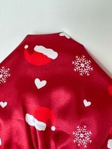 ZzzCrew Faux Silk Minimalist Lapel Button Long Sleeve Loungewear, Christmas Element Print 2 Pieces Set - Red - View 8