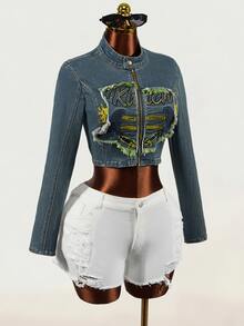 SHEIN Women's Letter Pattern Patchwork Casual Daily Denim Jacket - Blue - View 3
