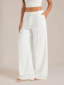 SHEIN Tall بنطلون طويل من الكتان الأبيض بلون موحد بخصر منخفض، بنطلون طويل للعطلات والشاطئ، بنطلون طويل فضفاض من الكتان الأبيض، مناسب للربيع والصيف والخريف والشتاء - أبيض - مشاهدة 7