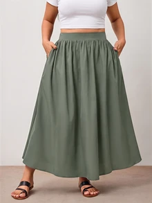 Enliva Plus Size Women's Army Green A-Line Skirt With Pocket Details, Elastic Waist, Suitable For Office Commute And Casual Outings Fall - Army Green - View 6