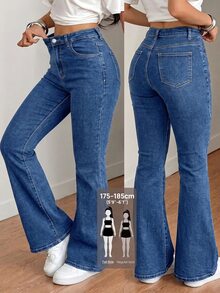 SHEIN Tall 女款高腰口袋休閒喇叭牛仔褲 秋冬牛仔褲 女士辦公穿搭 秋季服飾 - 中等水洗藍 - 查看 2