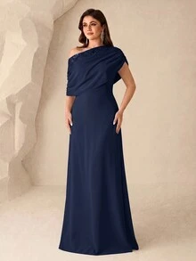 Coutiva 大尺碼女款純色不對稱肩優雅新娘母親禮服 - 藏蓝色 - 查看 3