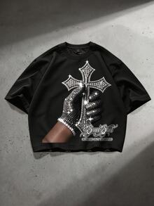 ROMWE MEN Street Life Teen Boy Cross Print Round Neck Short Sleeve Casual T-Shirt - Black - View 1