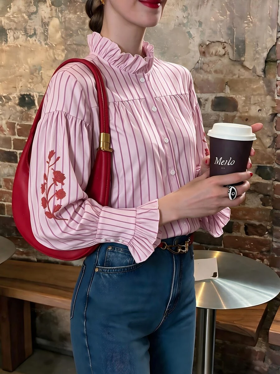 Flora Isola Flora Isola Women's Elegant Korean Style Commuter Ruffle Collar Striped Long Sleeve Blouse, Slimming Casual Striped Shirt (Random Pattern) - Pink - View 1