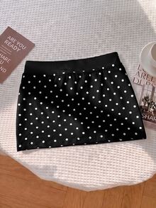 SHEIN Tween Girl Tween Girl Tween Girls Skirts Knitted Small Polka Dot With Built-In Leggings Casual Drawstring Skirt - Black - View 6