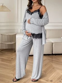 Dazy Maternity Maternity Colorblock Lace Camisole And Adjustable Waist Long Pants With Long Sleeve Cardigan Set - Grey - View 4