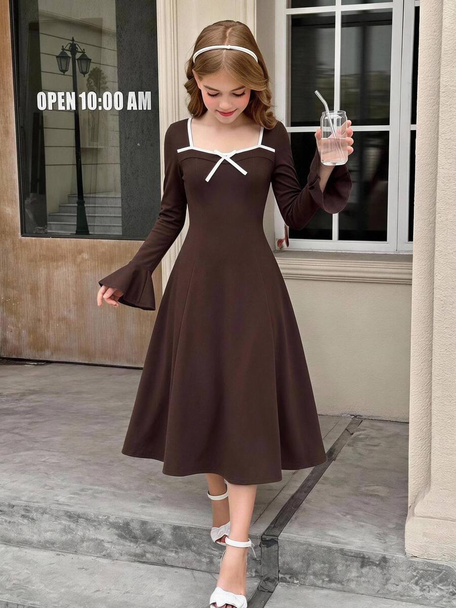 Girlism Kids Tween Girls Dresses Deep Coffee Brown Colorblock Bow Long Sleeve Dress, Suitable For Prom, Party, Holiday Occasions, Tea Party - Coffee Brown - View 1