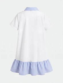 SHEIN 青少年女孩條紋騎士印花鈕扣半開襟短袖洋裝，適合秋季日常穿著 - 彩色 - 查看 6