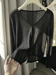 Franclia 女款薄款防曬罩衫夾克，V領針織披肩罩衫，夏季外套 - 黑色 - 查看 1