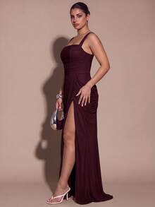 SHEIN BAE CURVE Plus Size Women Elegant Pleated Front Slit Dress For Date - Maroon - View 8